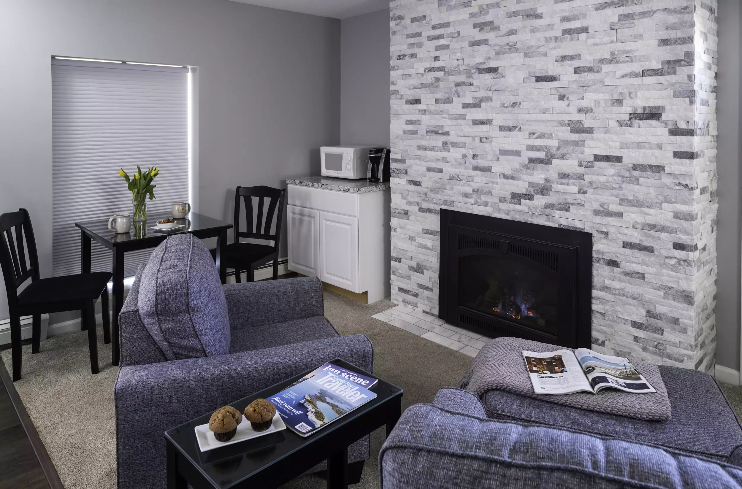 Fireplace, Table and Sitting Area